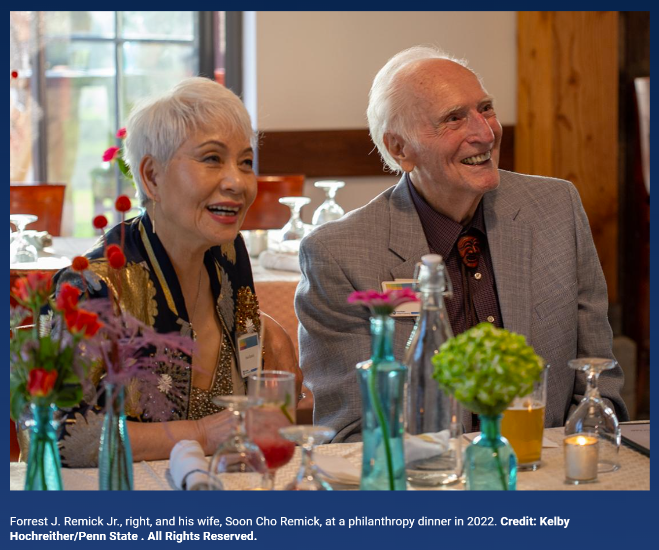 Forrest Remick and his wife, Soon Cho Remick, at a philanthropy dinner in 2022. Credit: Kelby Hochreither/Penn State.